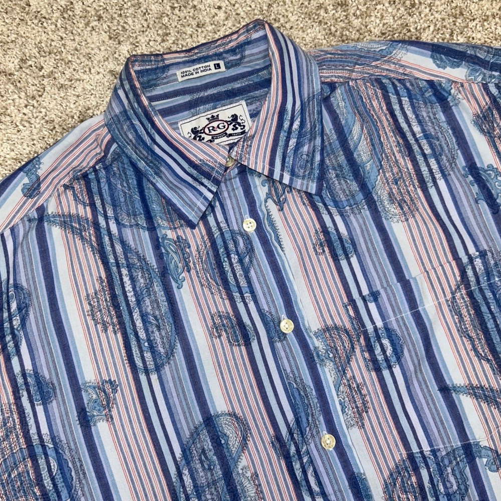 R&G London Robert Graham Button Shirt Men Siz Large Paisley Striped Short Sleeve